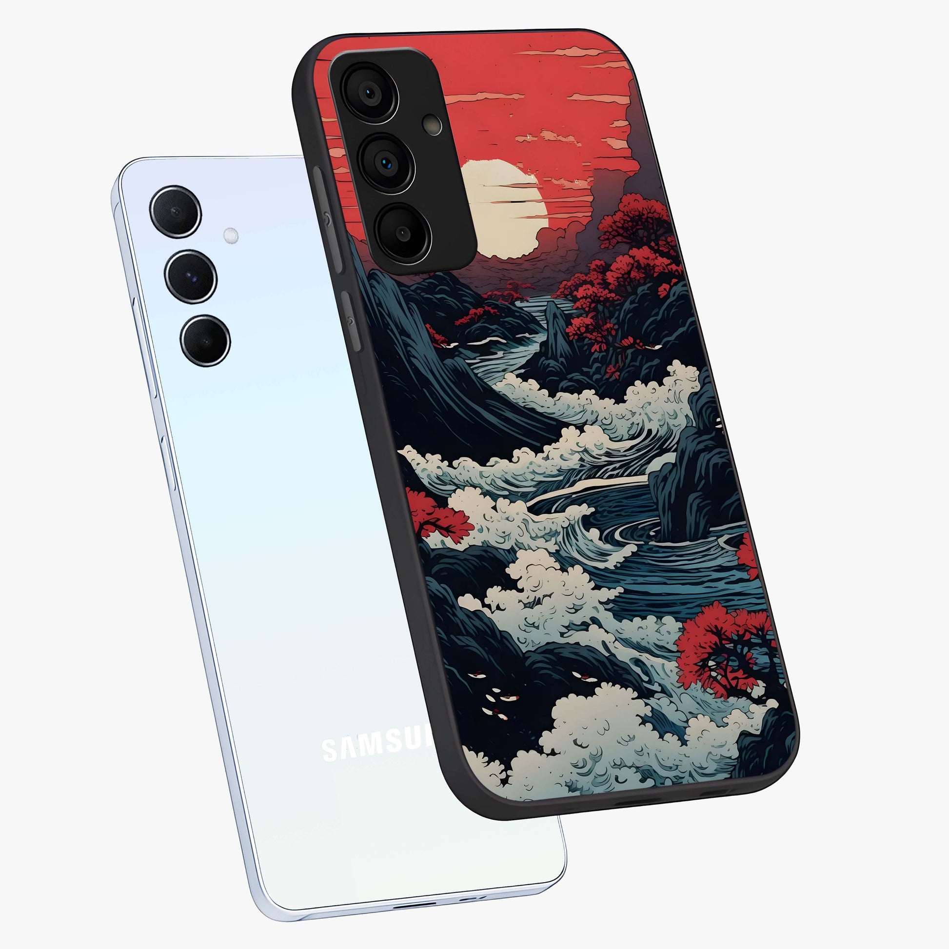 Red Sunset Scenery Glass Case displayed in angled mockup highlighting glowing sunset sky design with scenic aesthetic.