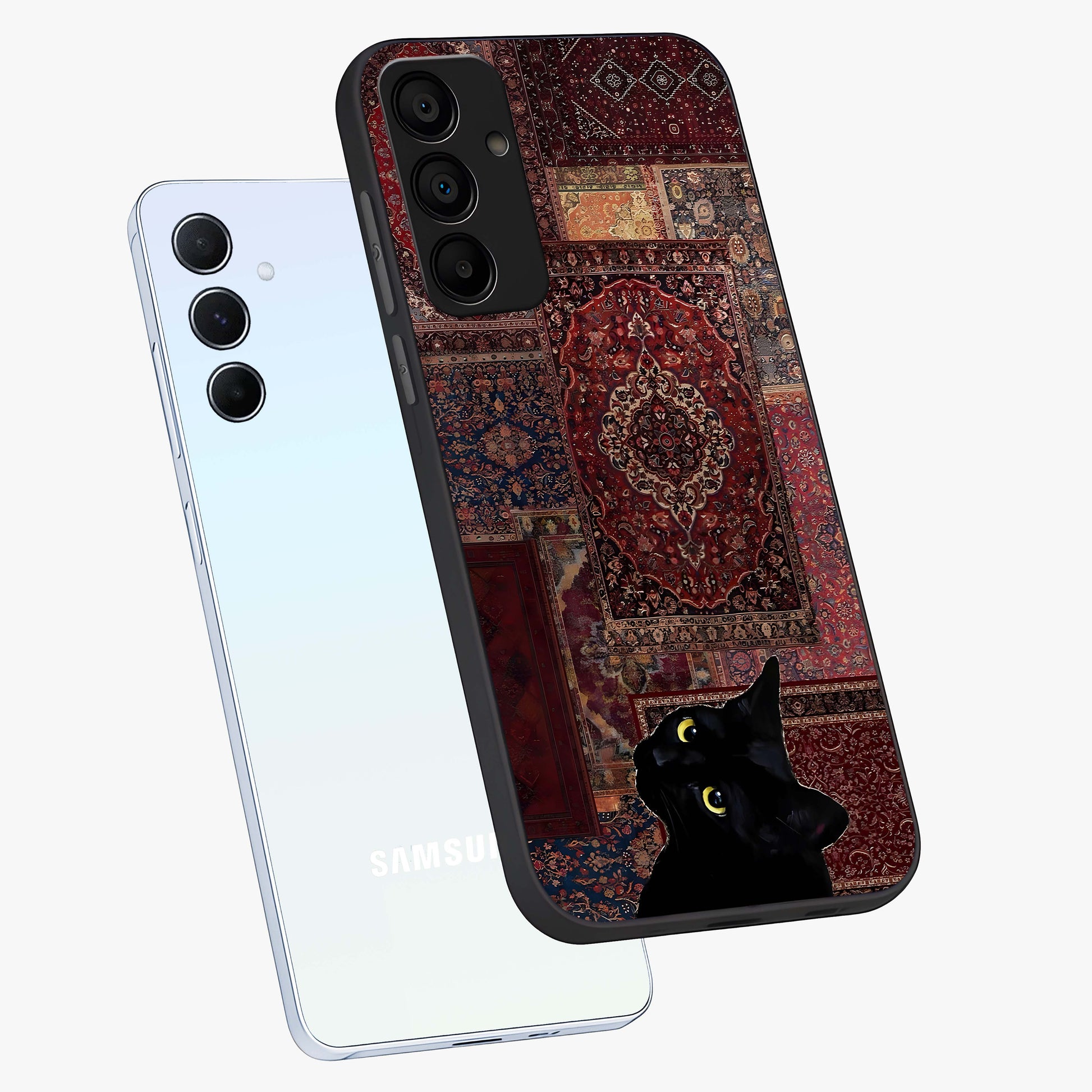 Regal Magic Cat Apple Glass Case displayed in angled mockup highlighting whimsical feline design with fantasy aesthetic.