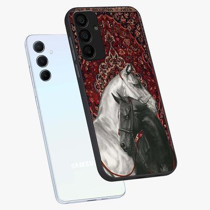 Regal Stallion Tapestry Glass Case displayed in angled mockup highlighting royal stallion design with decorative heritage aesthetic.