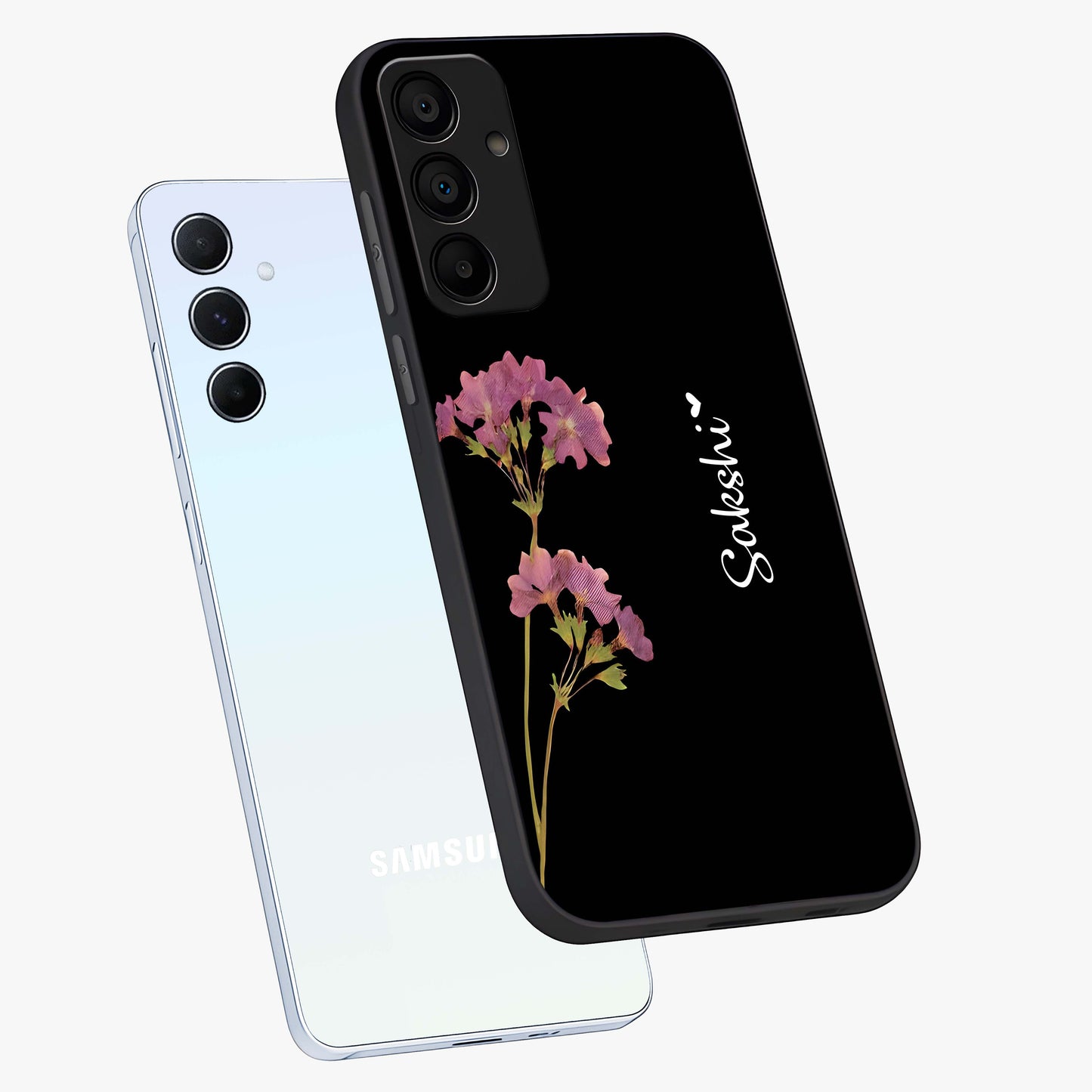Riching Lavender Flower Custom Name Glass Case displayed in angled mockup highlighting delicate lavender flower design with custom name feature.
