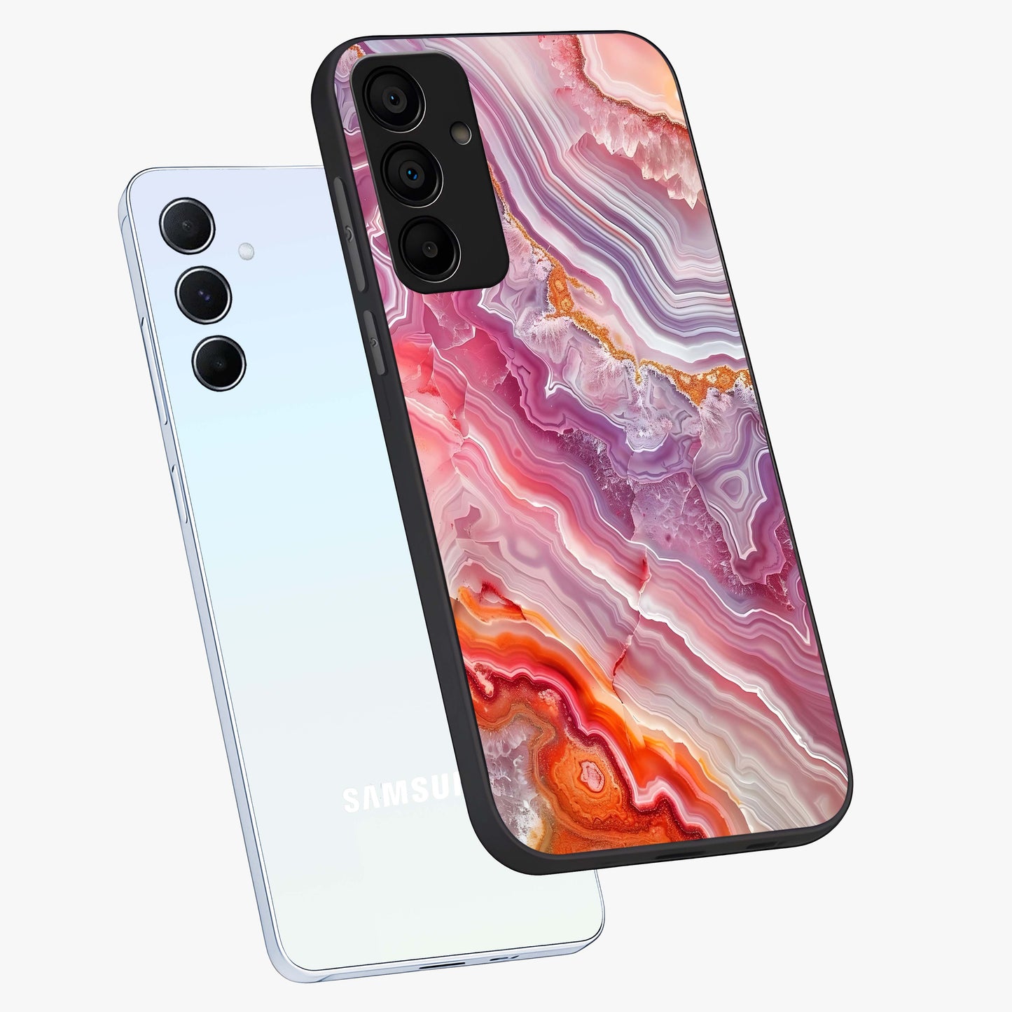 Rose Quartz Marble Glass Case displayed in angled mockup highlighting elegant marble pattern with soft aesthetic style.