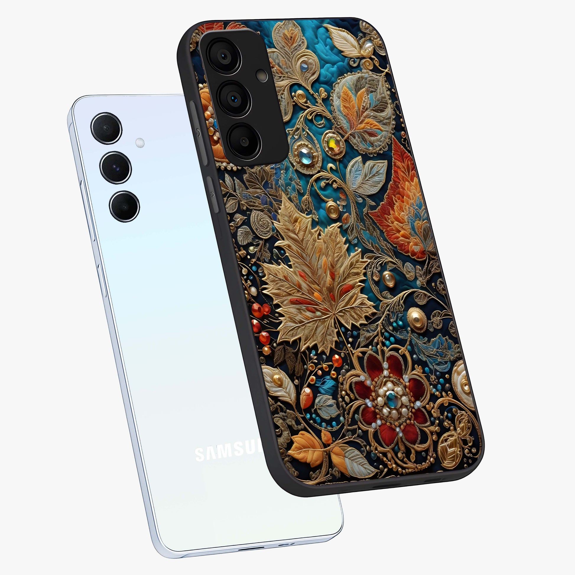 Royal Jewel Garden Glass Case displayed in angled mockup highlighting vibrant jewel inspired floral design with elegant aesthetic.