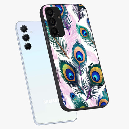 Royal Peacock Feathers Glass Case displayed in angled mockup highlighting vibrant feather pattern with regal aesthetic style.