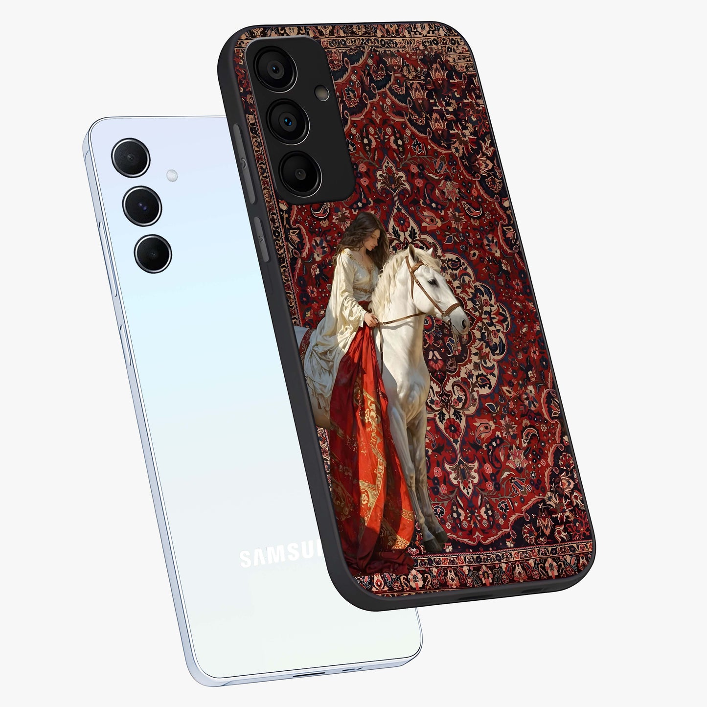 Royal Rider Tapestry Glass Case displayed in angled mockup highlighting traditional tapestry design with royal heritage aesthetic.