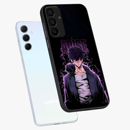 Shadow Monarch Awakening Glass Case displayed in angled mockup highlighting dramatic shadow warrior design with fantasy aesthetic.