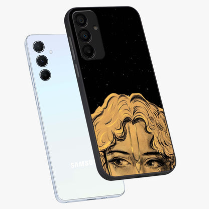 Shri Krishna Art Glass Case displayed in angled mockup highlighting spiritual Krishna illustration with divine aesthetic.