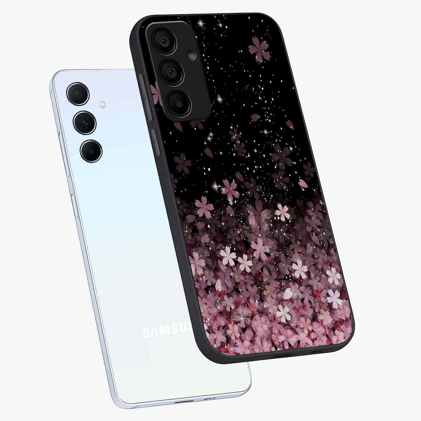 Small Starry Flowers Glass Case displayed in angled mockup highlighting tiny flower pattern with celestial aesthetic style.