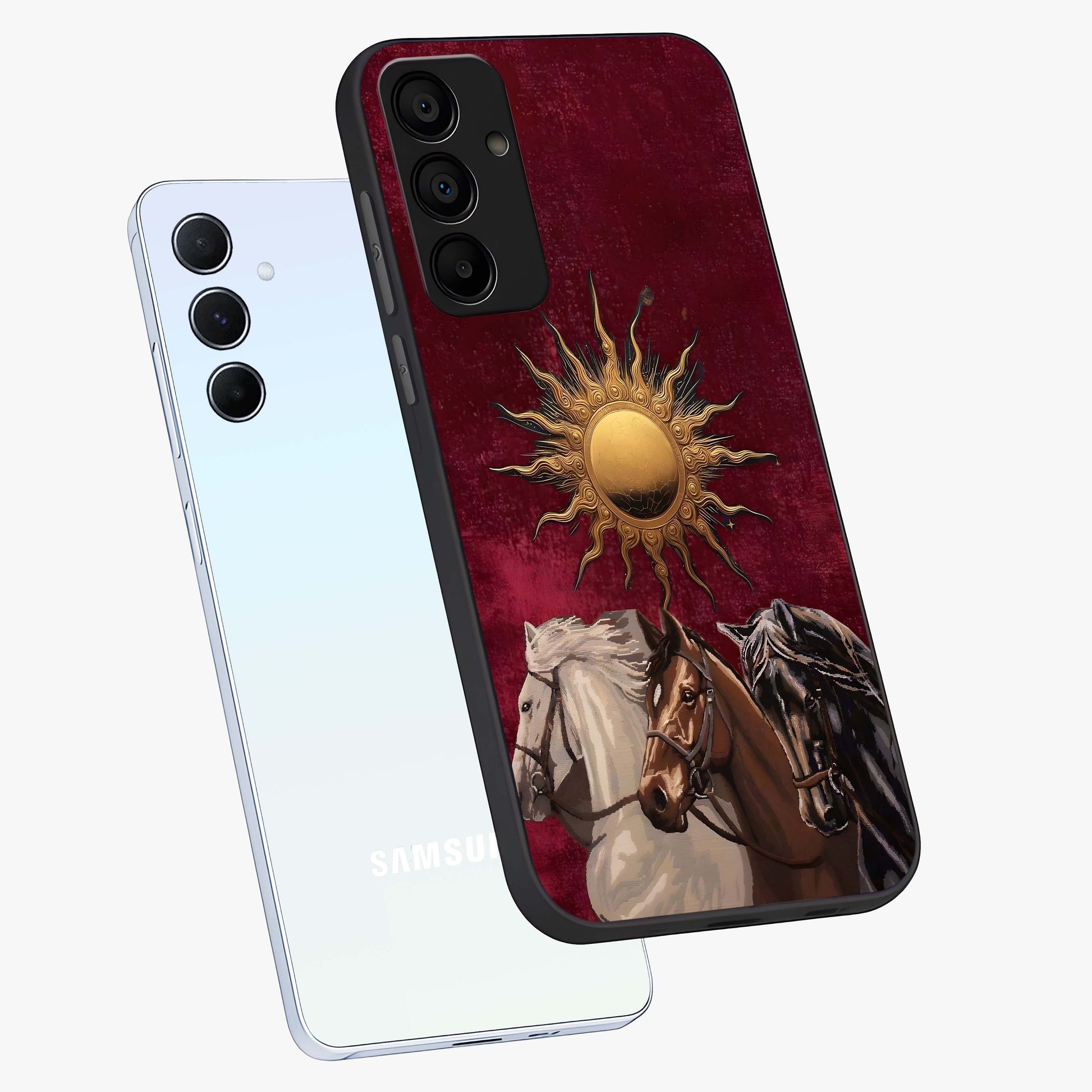 Solar Riders Glass Case displayed in angled mockup highlighting powerful rider illustration with radiant solar aesthetic.