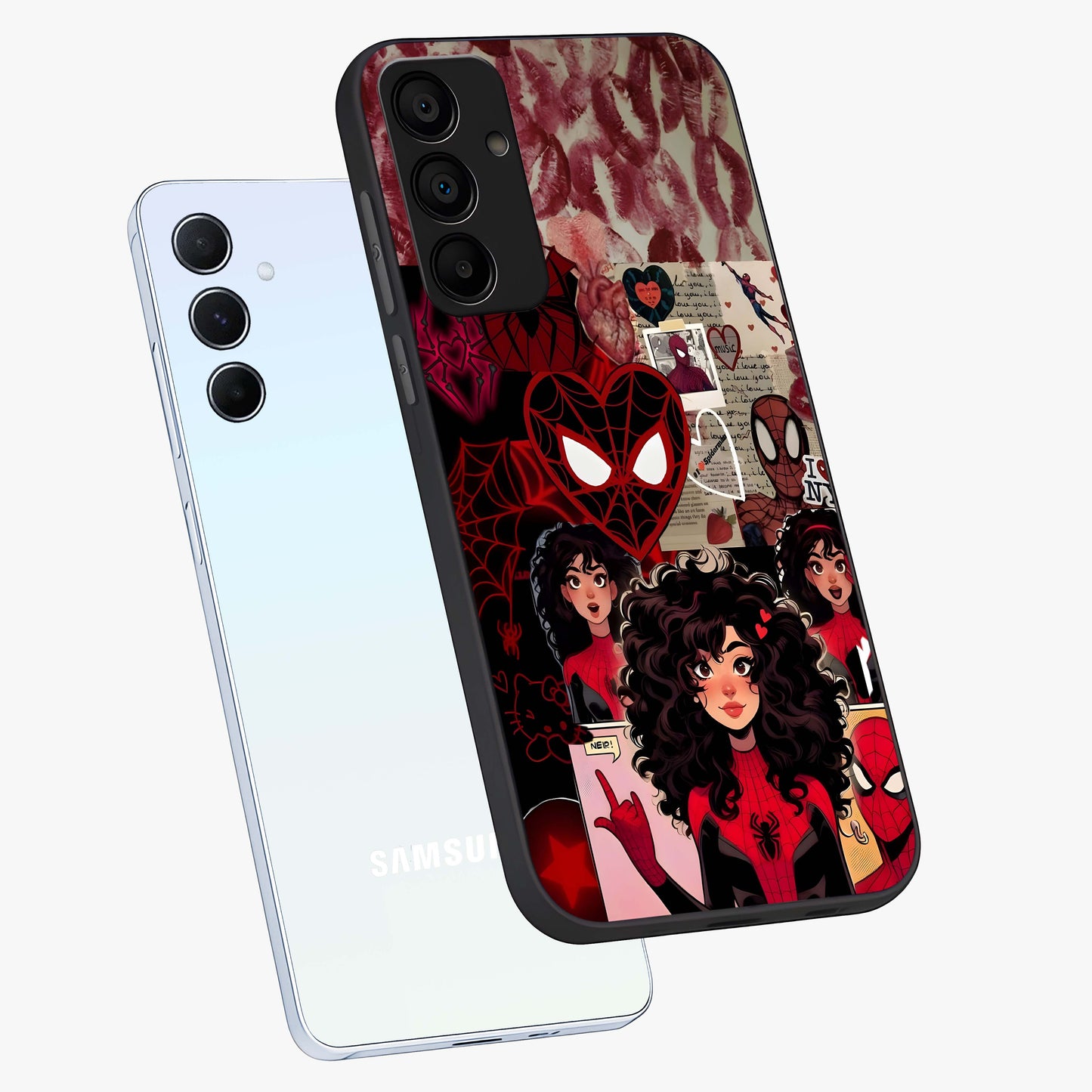 Spider Love Story Glass Case displayed in angled mockup highlighting expressive comic inspired design with playful aesthetic.