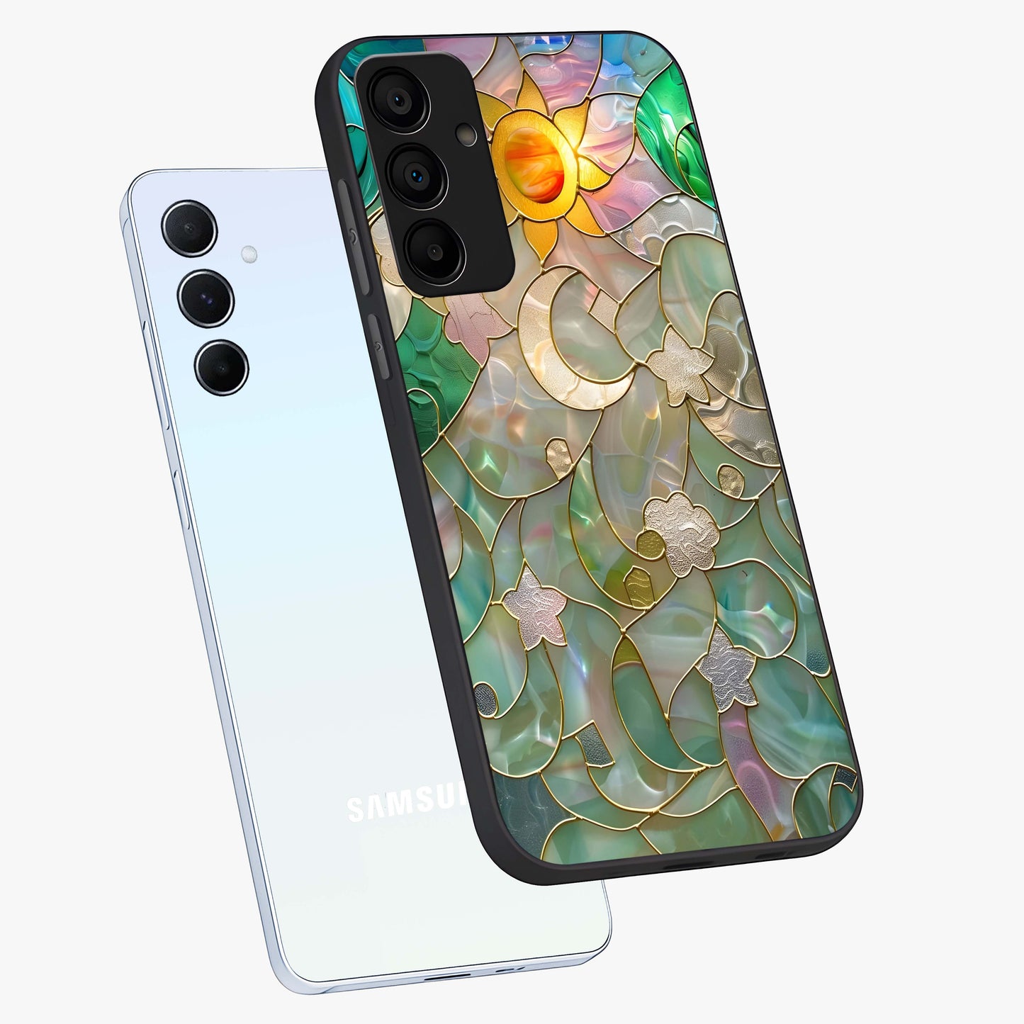 Stained Sunrise Glow Glass Case displayed in angled mockup highlighting radiant sunrise design with artistic aesthetic style.