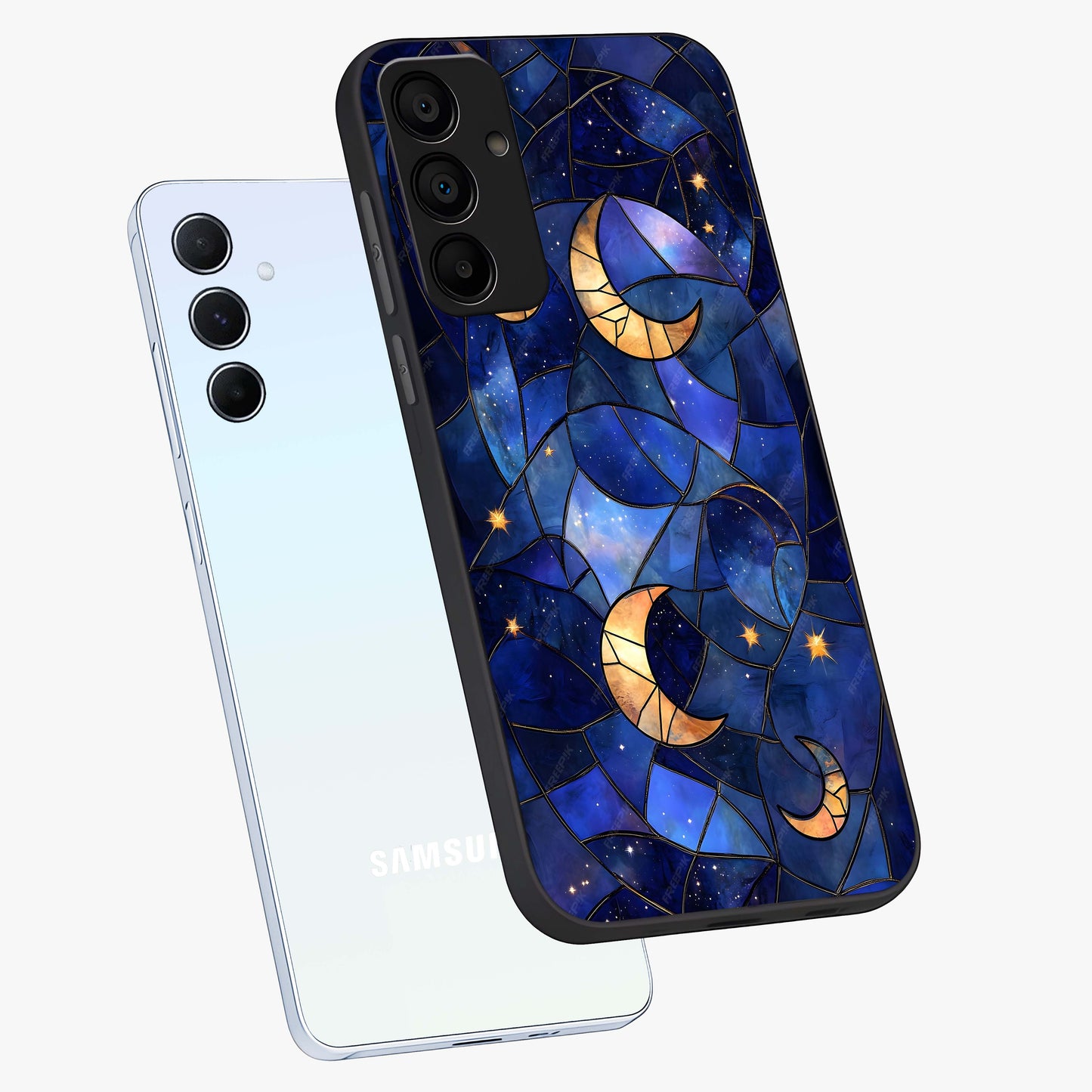 Starlit Sky Tapestry Glass Case displayed in angled mockup highlighting celestial night pattern with artistic aesthetic style.