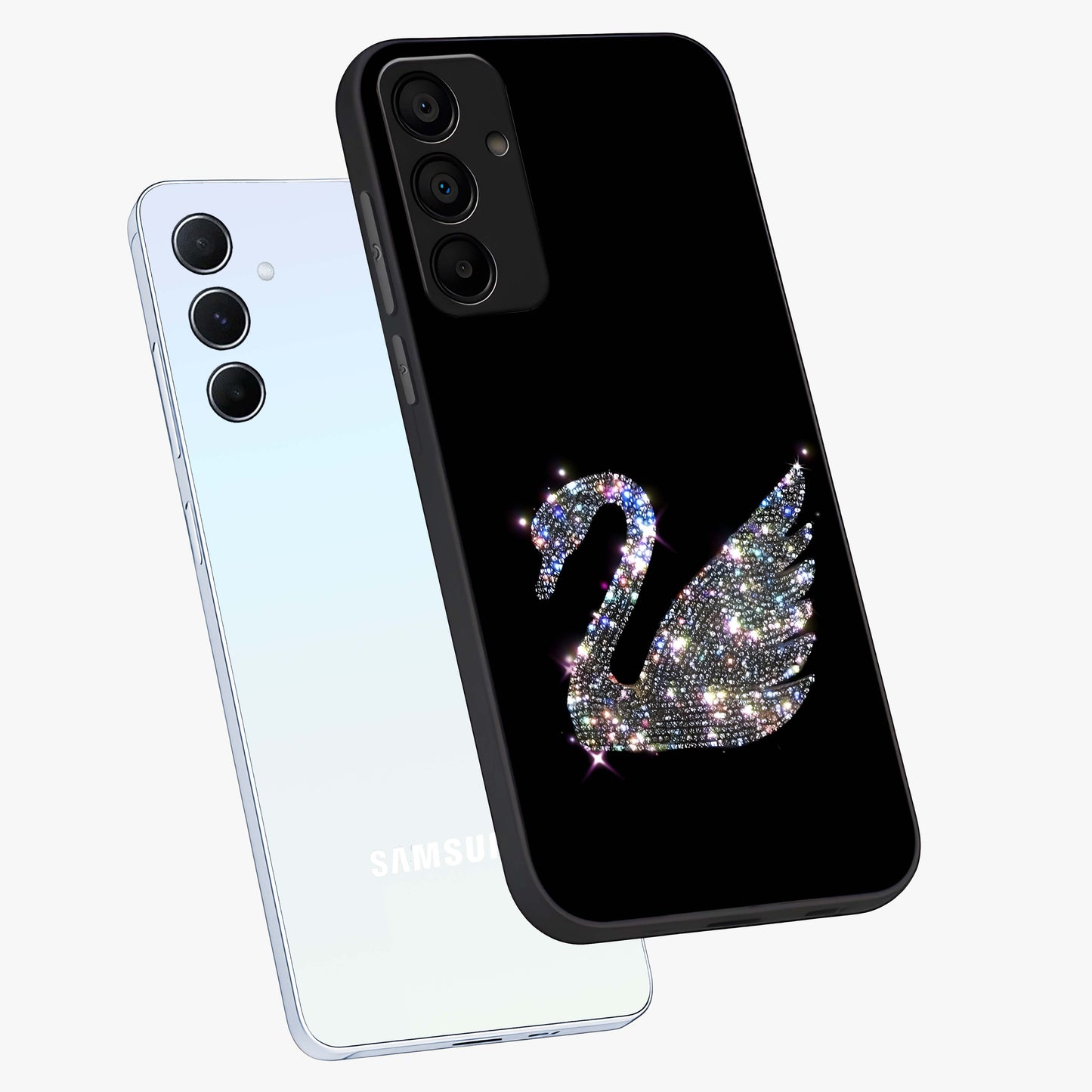 Starlit Swan Grace Glass Case displayed in angled mockup highlighting elegant swan illustration with dreamy celestial aesthetic.