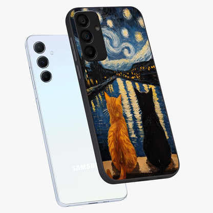 Starry River Cats Glass Case displayed in angled mockup highlighting charming feline illustration with dreamy night aesthetic.