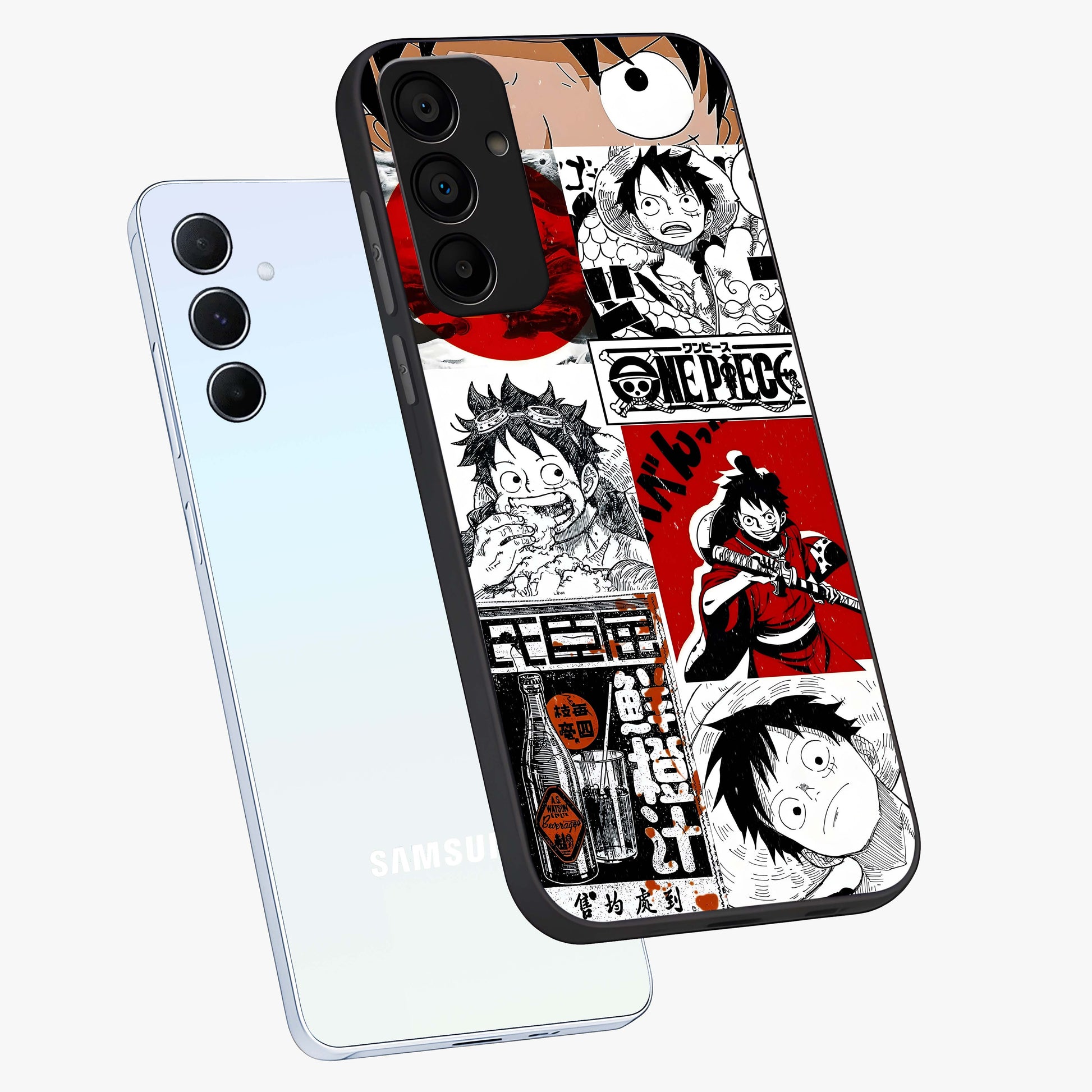 Strawhat Chaos Panels Glass Case displayed in angled mockup highlighting vibrant anime collage design with action aesthetic.