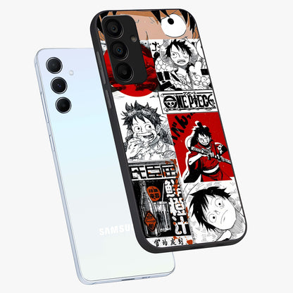Strawhat Chaos Panels Glass Case displayed in angled mockup highlighting vibrant anime collage design with action aesthetic.
