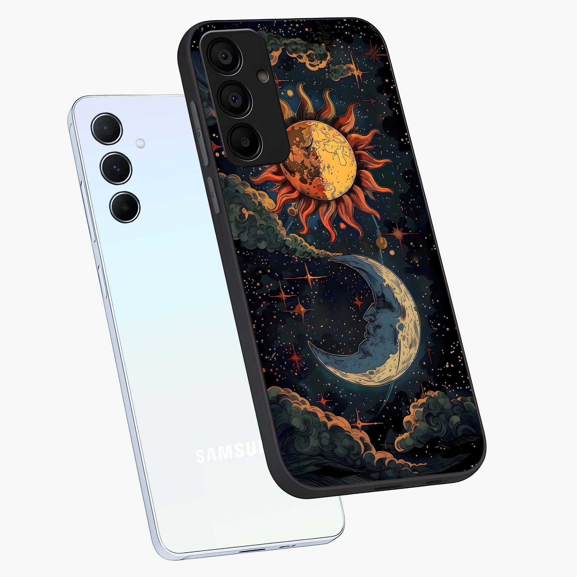 Sun And Moon Magic Design Glass Case displayed in angled mockup highlighting celestial design with magical cosmic aesthetic.