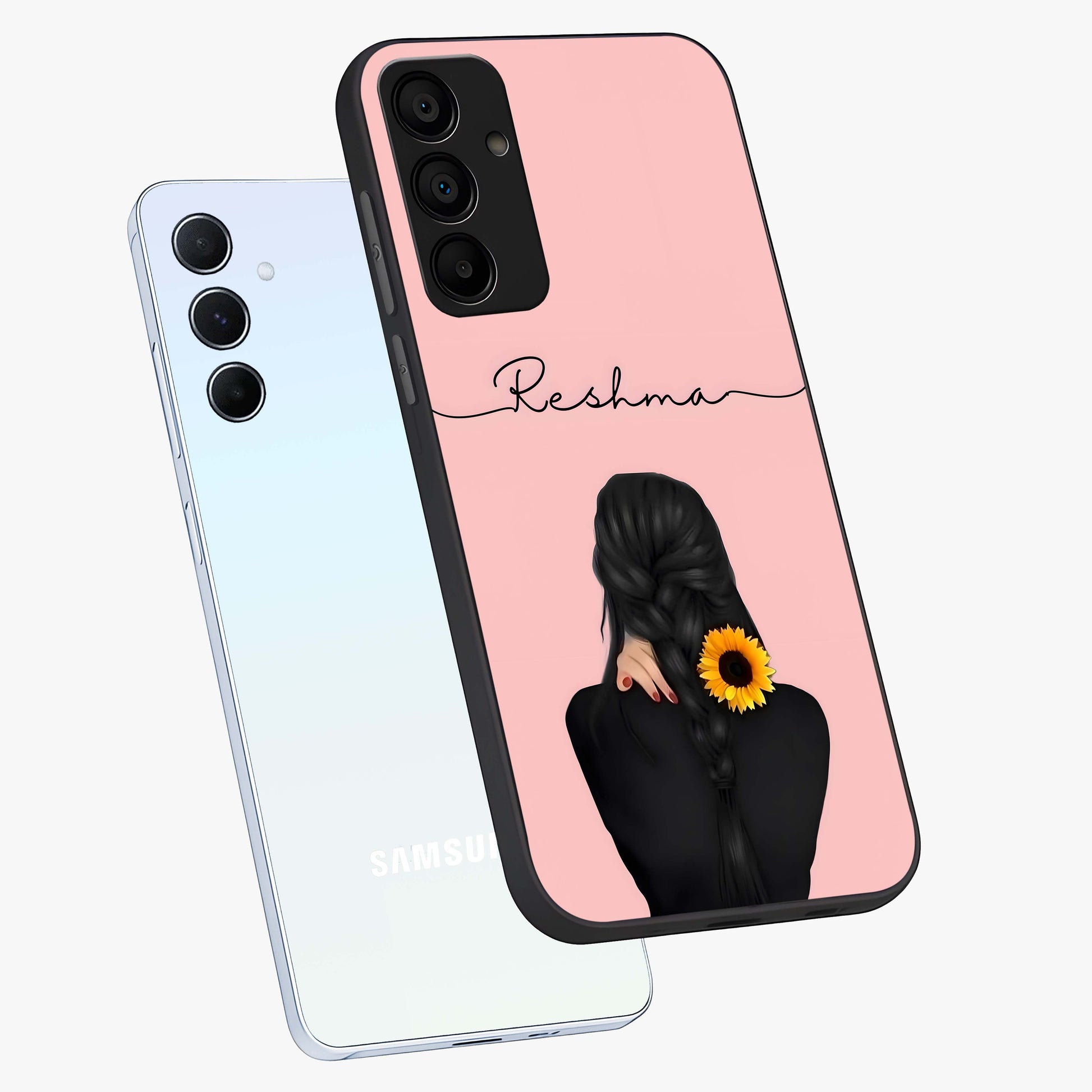 Sunflower Braid Beauty With Custom Name Glass Case displayed in angled mockup highlighting elegant sunflower design with custom name feature.