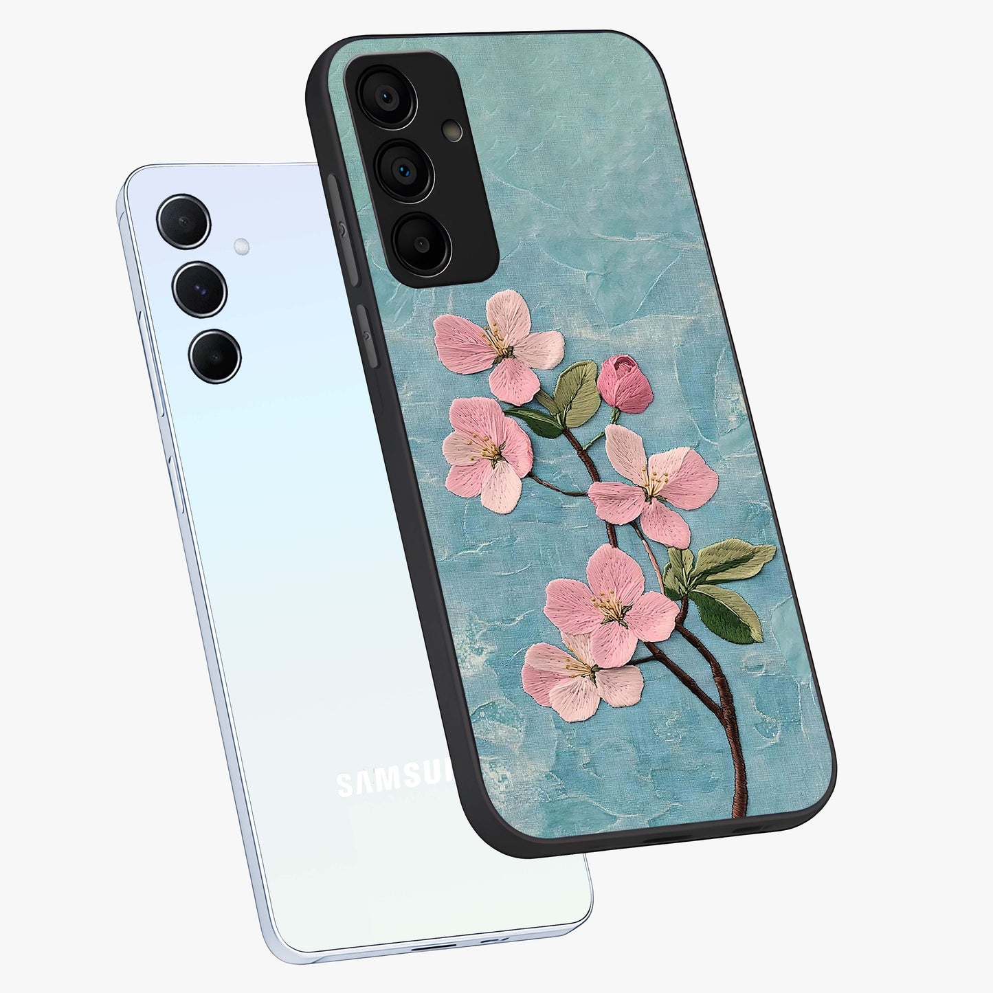 Threaded Blossom Breeze Glass Case displayed in angled mockup highlighting elegant floral design with soft aesthetic style.