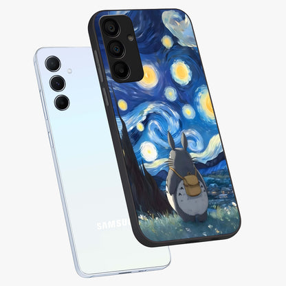 Totoro In Van Gogh Art Glass Case displayed in angled mockup highlighting artistic swirling sky design with playful animation aesthetic.