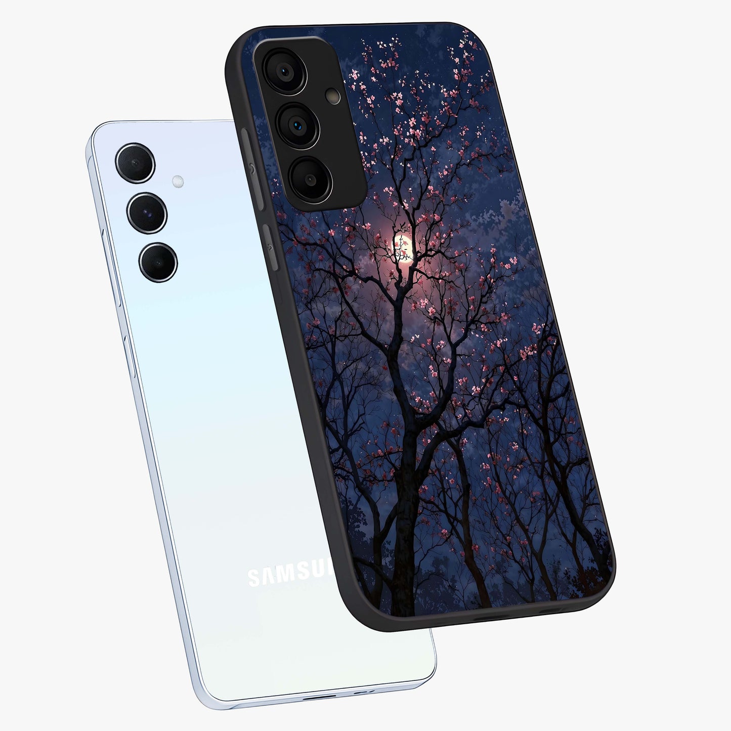 Twilight Sakura Serenade Glass Case displayed in angled mockup highlighting delicate sakura flower design with dreamy aesthetic.
