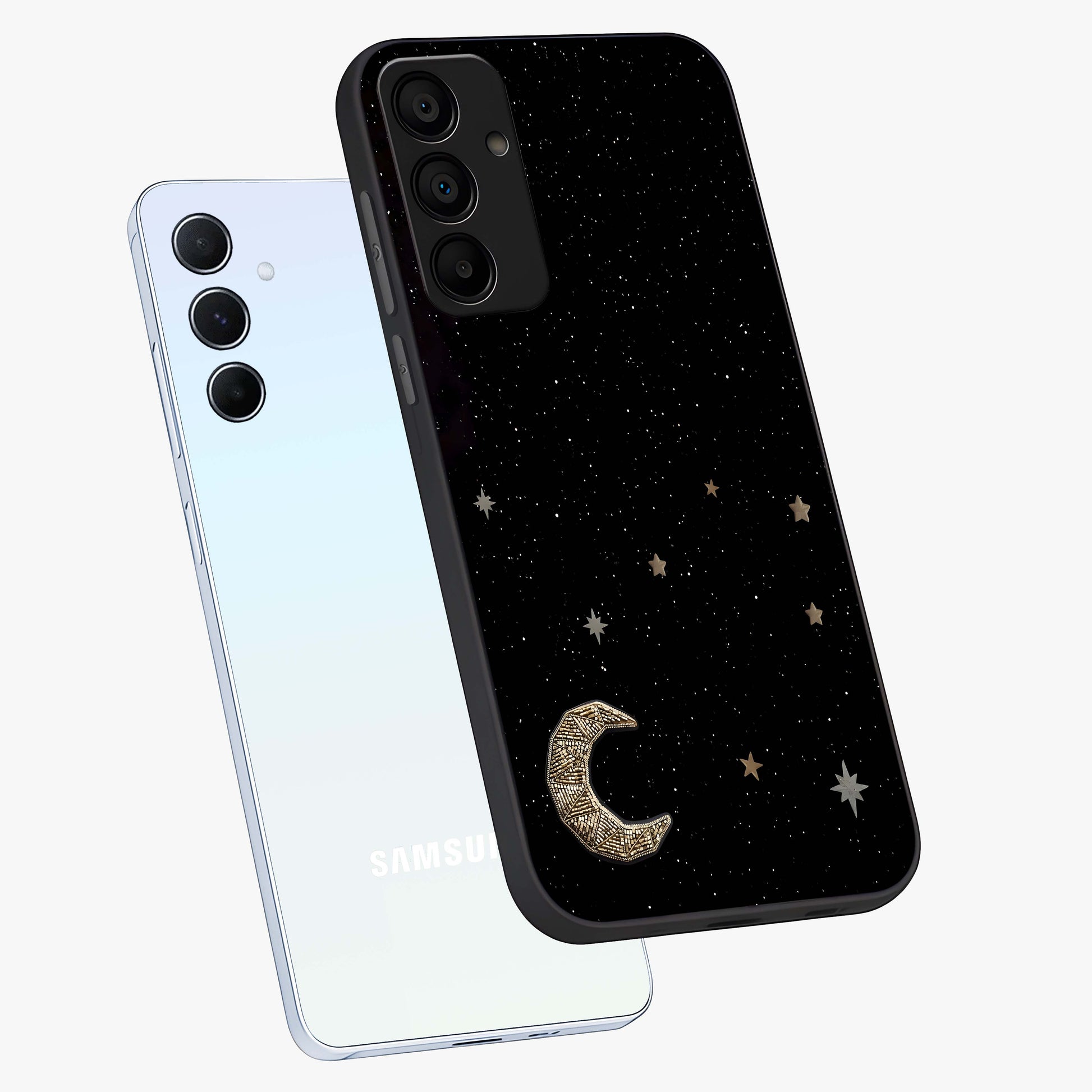 Twinkle Star With Half Moon Glass Case displayed in angled mockup highlighting celestial moon and star design with magical aesthetic.