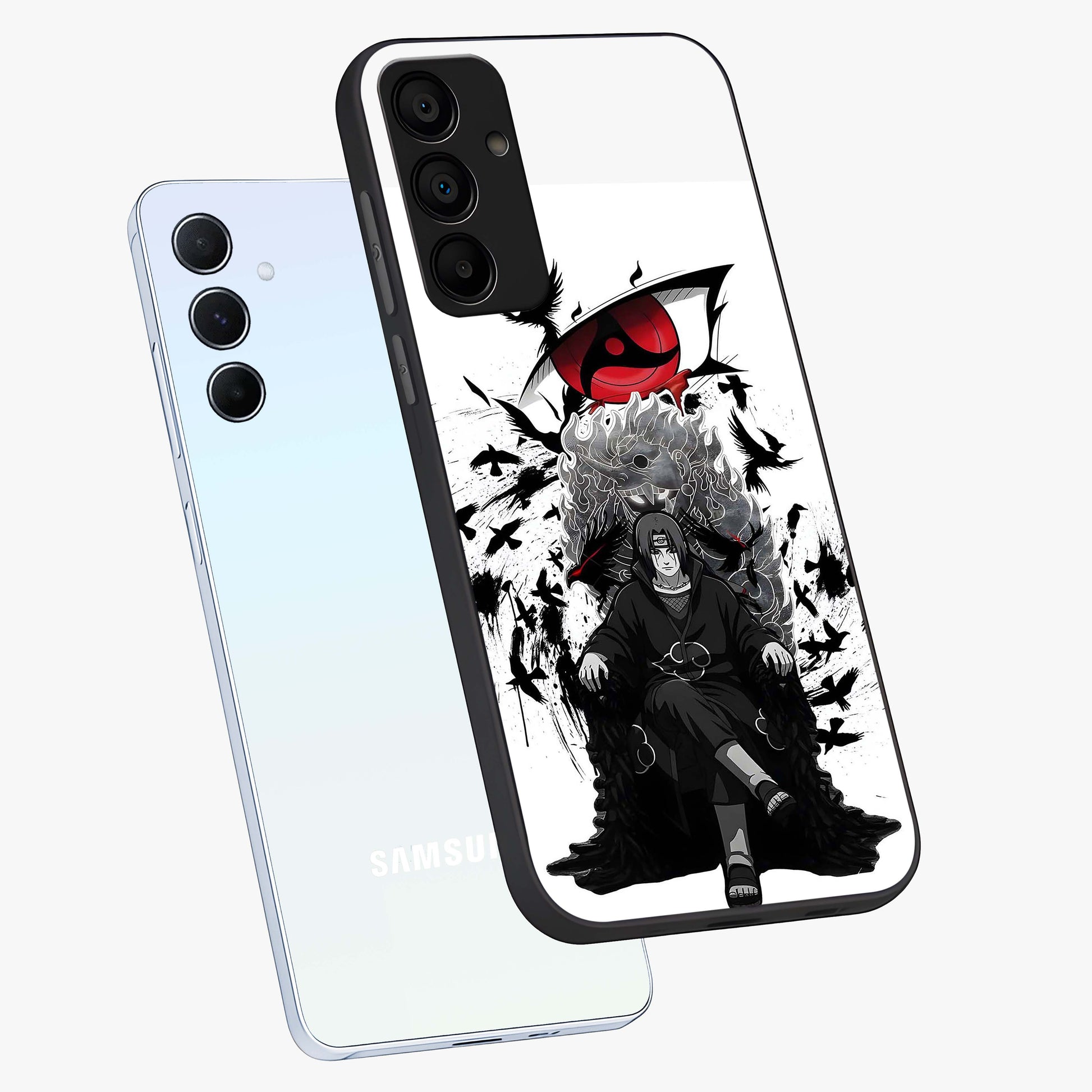 Uchiha Shadow Throne Glass Case displayed in angled mockup highlighting glowing aquatic design with celestial aesthetic.