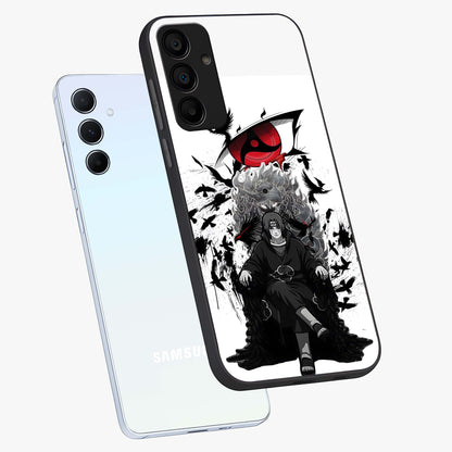 Uchiha Shadow Throne Glass Case displayed in angled mockup highlighting glowing aquatic design with celestial aesthetic.