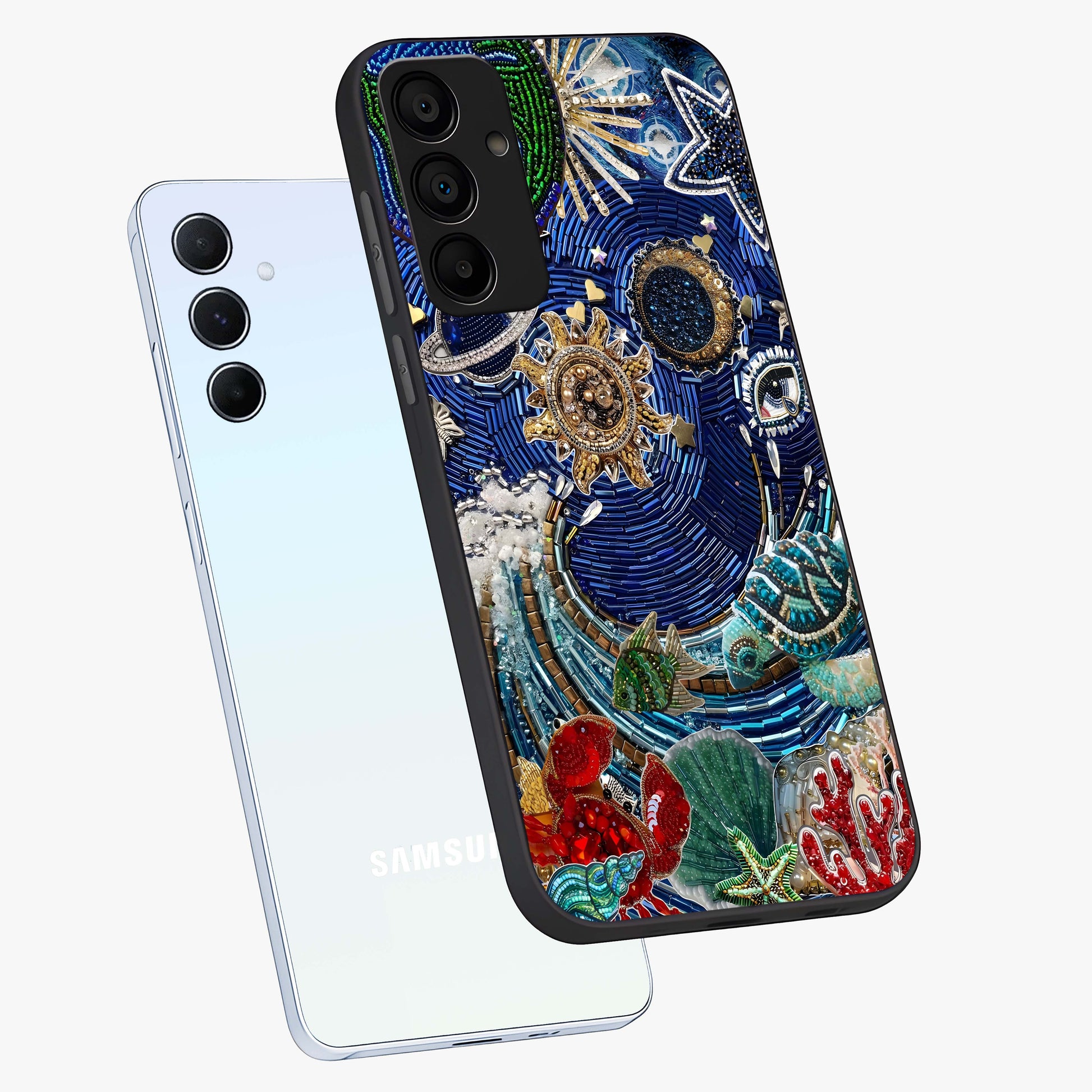 Universe Underwater Spark Glass Case displayed in angled mockup highlighting glowing aquatic design with celestial aesthetic.