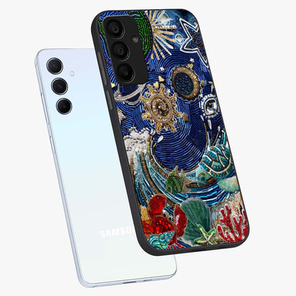 Universe Underwater Spark Glass Case displayed in angled mockup highlighting glowing aquatic design with celestial aesthetic.
