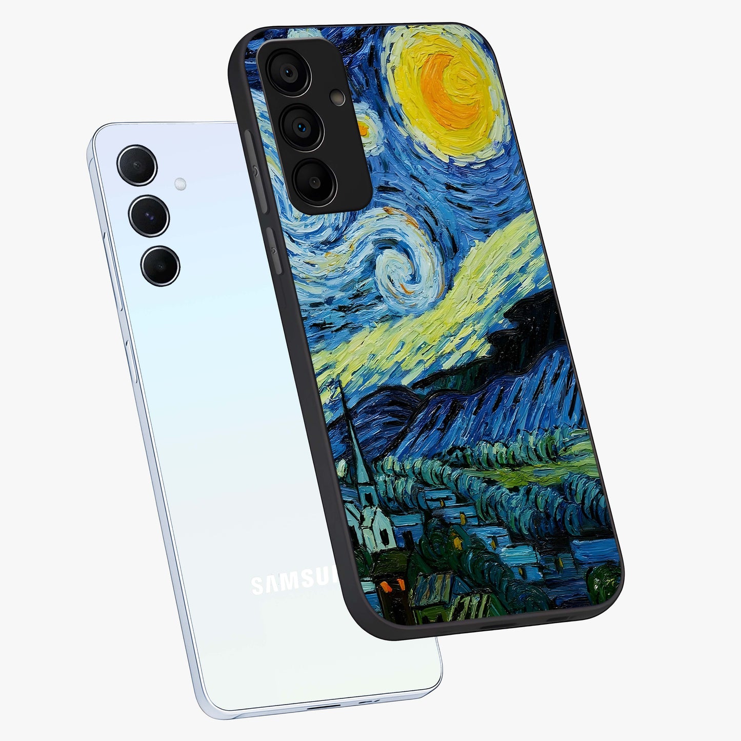 Van Gogh Art Glass Case displayed in angled mockup highlighting swirling brushstroke design with artistic aesthetic.