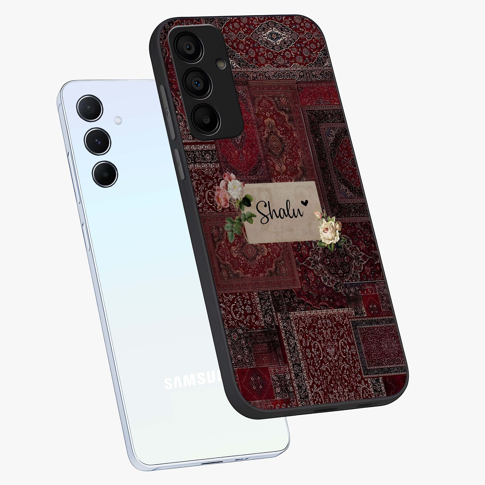 Velvet Wine Pattern Custom Name Glass Case displayed in angled mockup highlighting decorative velvet inspired design with custom name feature.