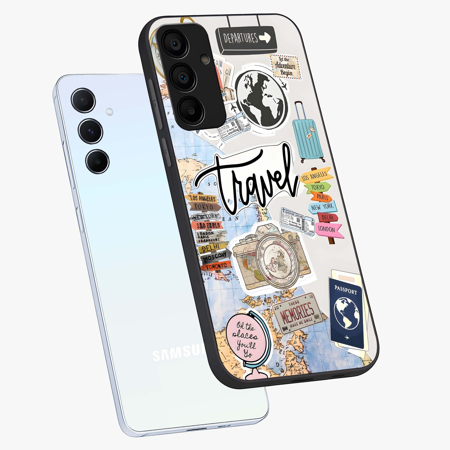 Wanderlust Journal Glass Case displayed in angled mockup highlighting adventure themed design with aesthetic travel vibe.