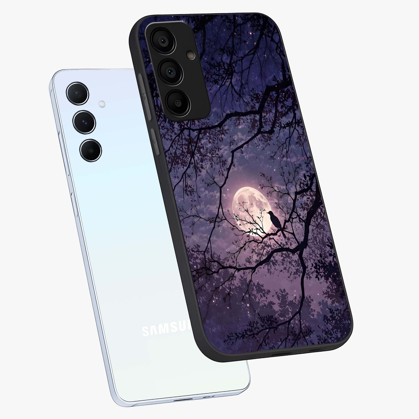 Whispering Moon Silence Glass Case displayed in angled mockup highlighting calm lunar design with dreamy night aesthetic.