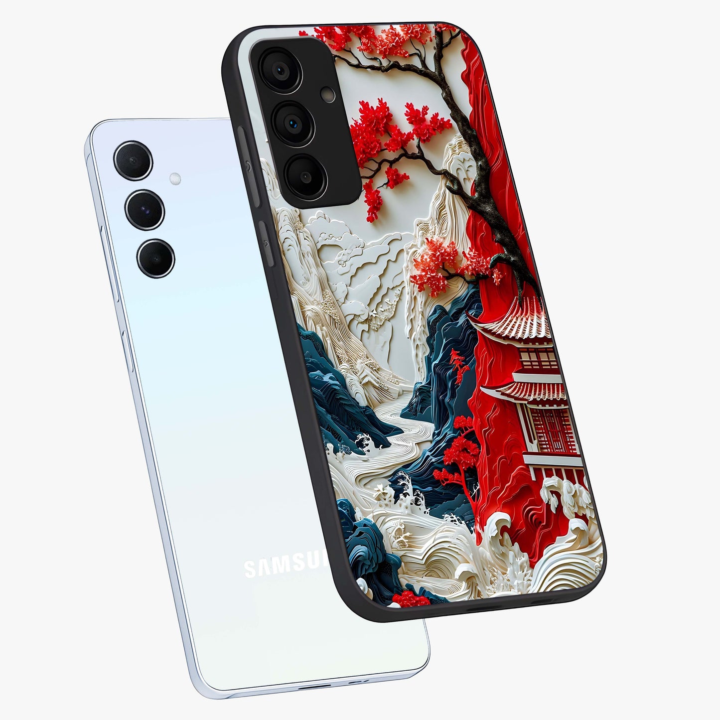 Whispers Of Sakura Waves Glass Case displayed in angled mockup highlighting flowing sakura design with soft floral aesthetic.