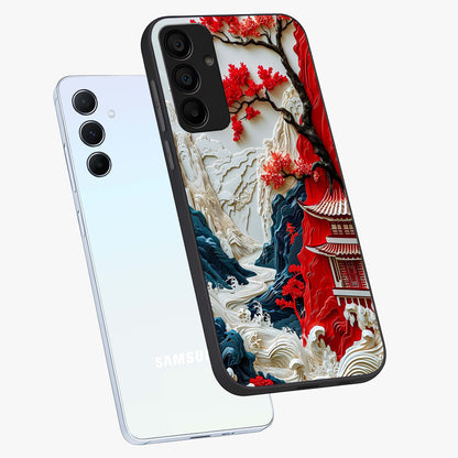 Whispers Of Sakura Waves Glass Case displayed in angled mockup highlighting flowing sakura design with soft floral aesthetic.