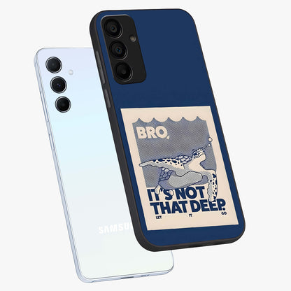 Worry Less Swim Glass Case displayed in angled mockup highlighting fun typography design with relaxed aesthetic style.