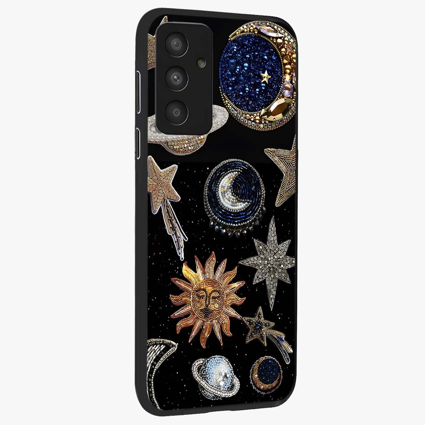 Celestial Gem Constellations Glass Case upright view showcasing cosmic constellation artwork with celestial aesthetic style.