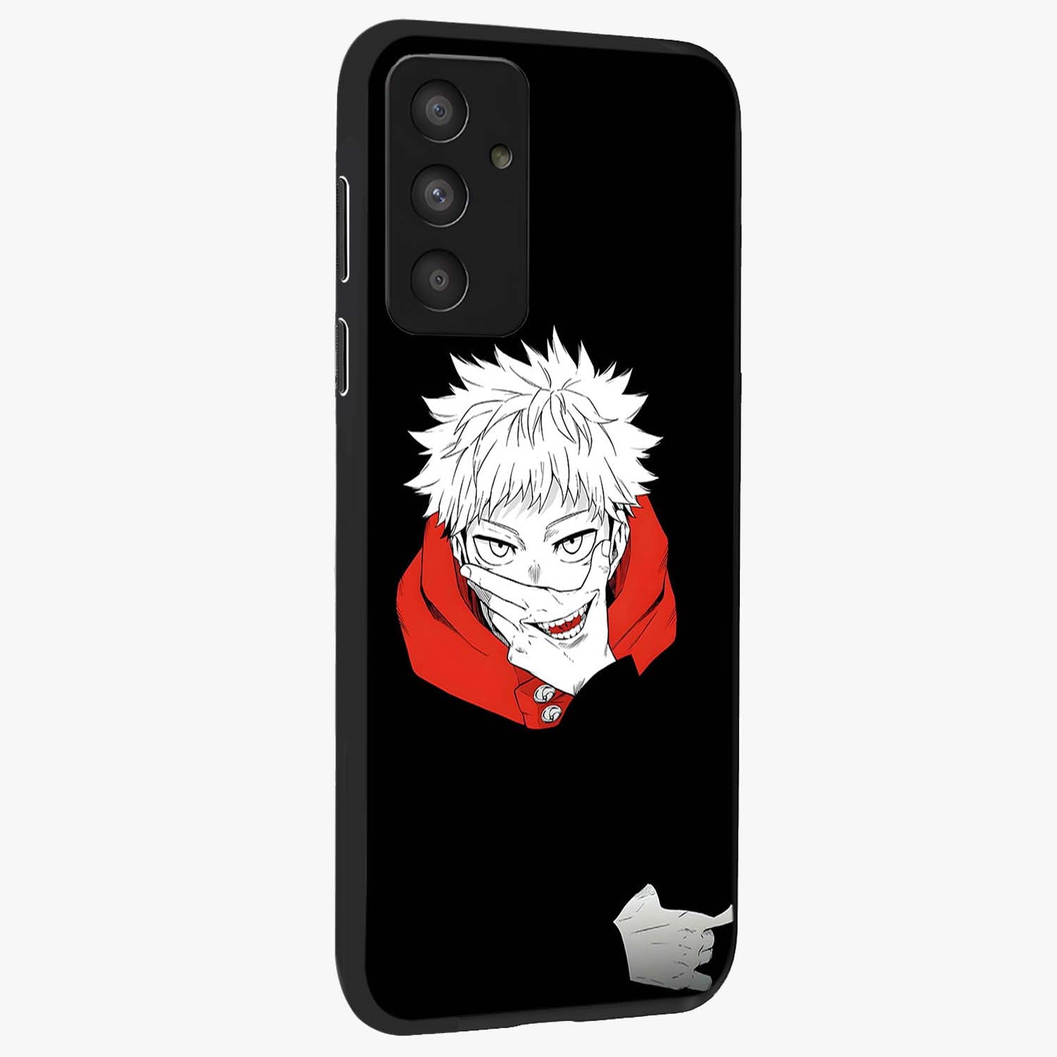 Crimson Chaos Smile Glass Case upright view showcasing expressive chaotic artwork with striking visual theme.