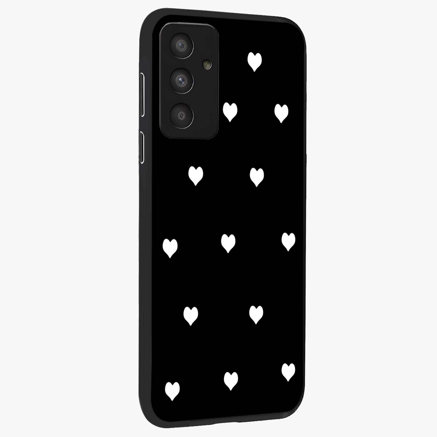 Cute And Simple White Hearts Glass Case upright view showcasing simple white hearts artwork with soft minimal theme.