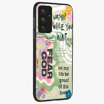 Faith Over Fear Glass Case upright view showcasing bold typography artwork with uplifting motivational theme.