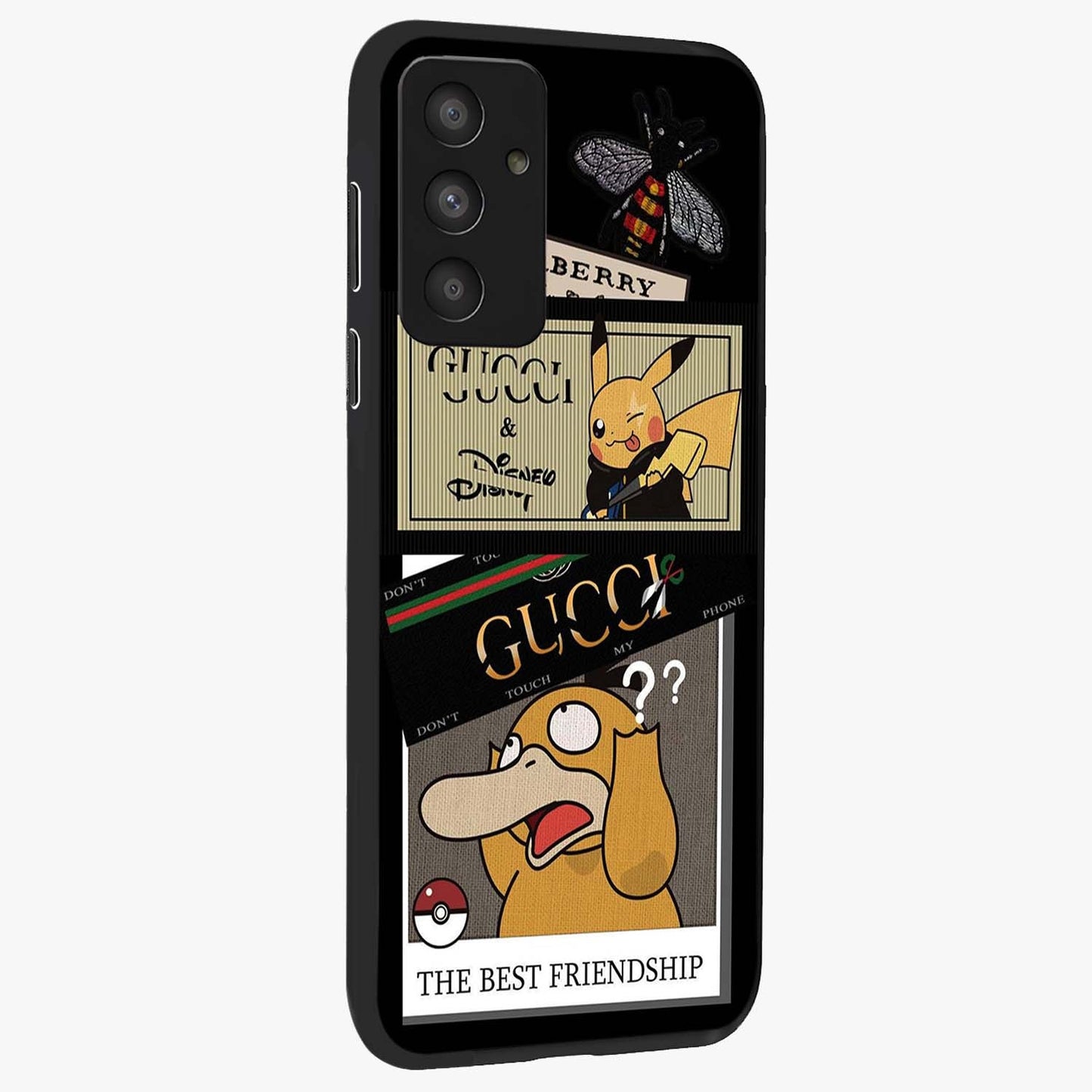 Gucci Play Mashup Glass Case upright view showcasing trendy luxury inspired artwork with modern fashion theme.