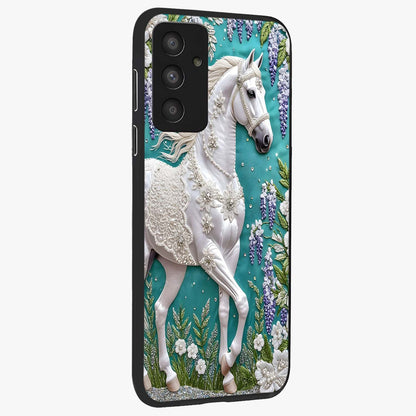 Majestic Floral Stallion Glass Case upright view showcasing dramatic horse artwork with decorative floral theme.