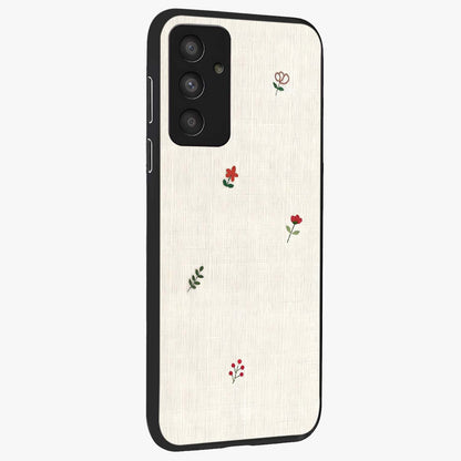 Minimalistic Blue With White Flower Pattern Glass Case upright view showcasing clean white flower artwork with calming blue theme.