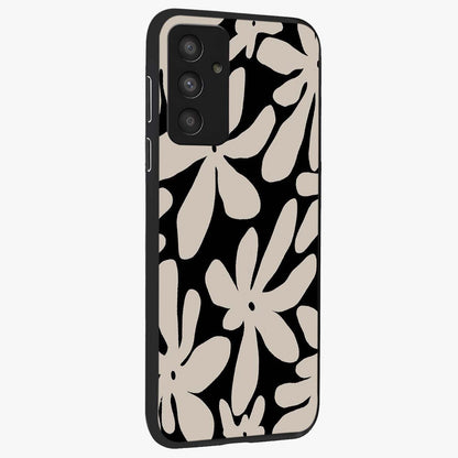 Monochrome Petal Dance Glass Case upright view showcasing artistic floral pattern with stylish monochrome theme.