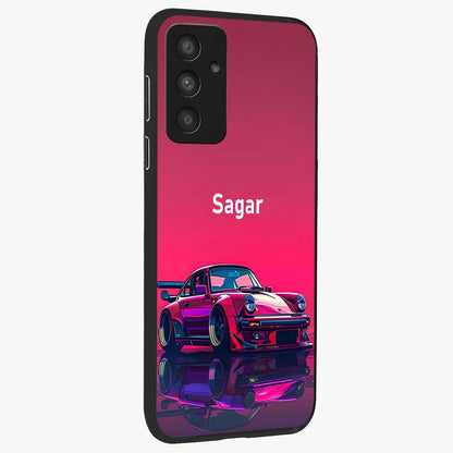 Neon Pink Porsche Glass Case upright view showcasing vibrant sports car artwork with bold automotive theme.