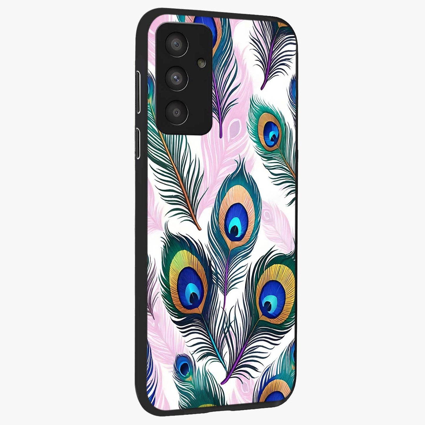 Royal Peacock Feathers Glass Case upright view showcasing elegant peacock feather artwork with decorative royal theme.