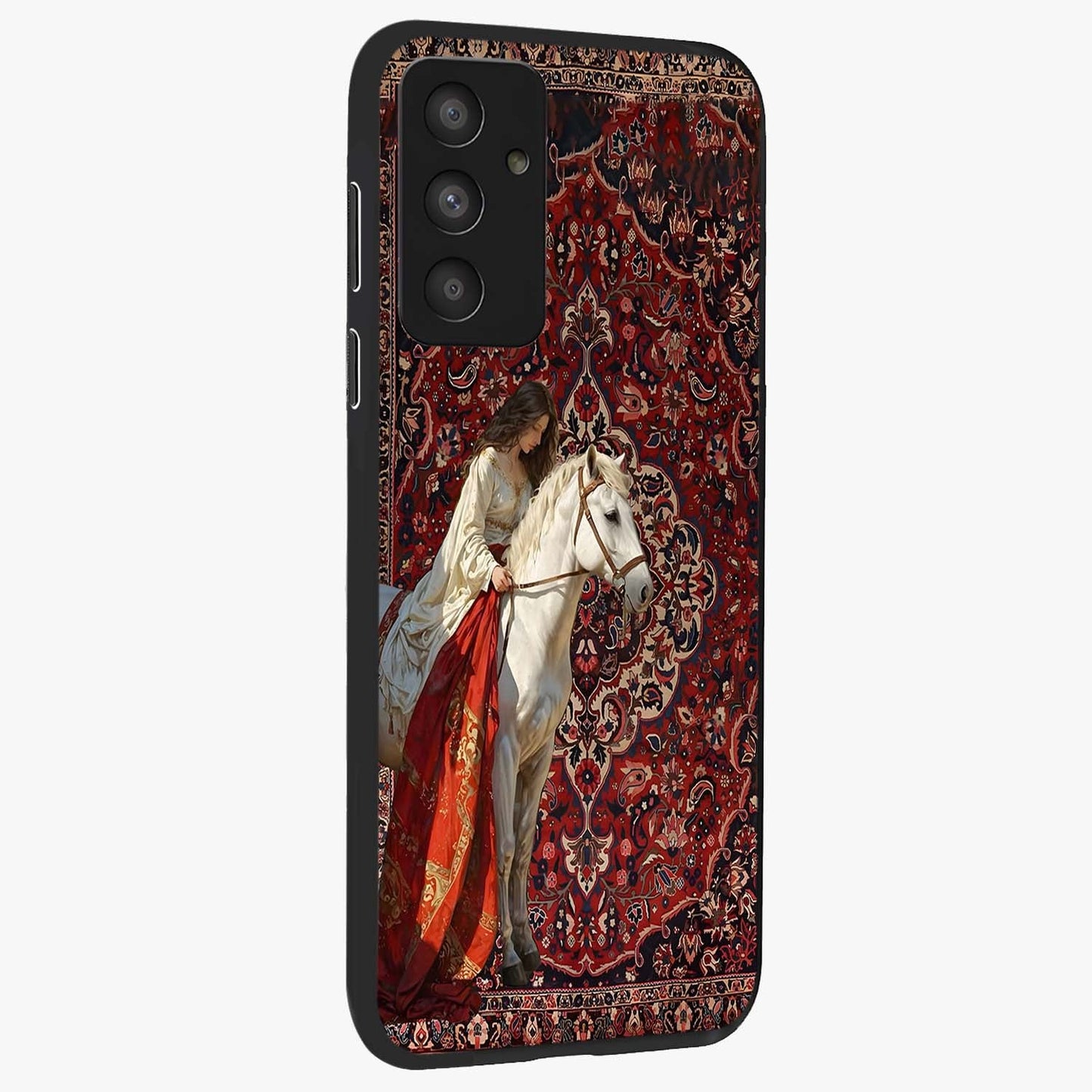 Royal Rider Tapestry Glass Case upright view showcasing detailed rider artwork with classic tapestry theme.