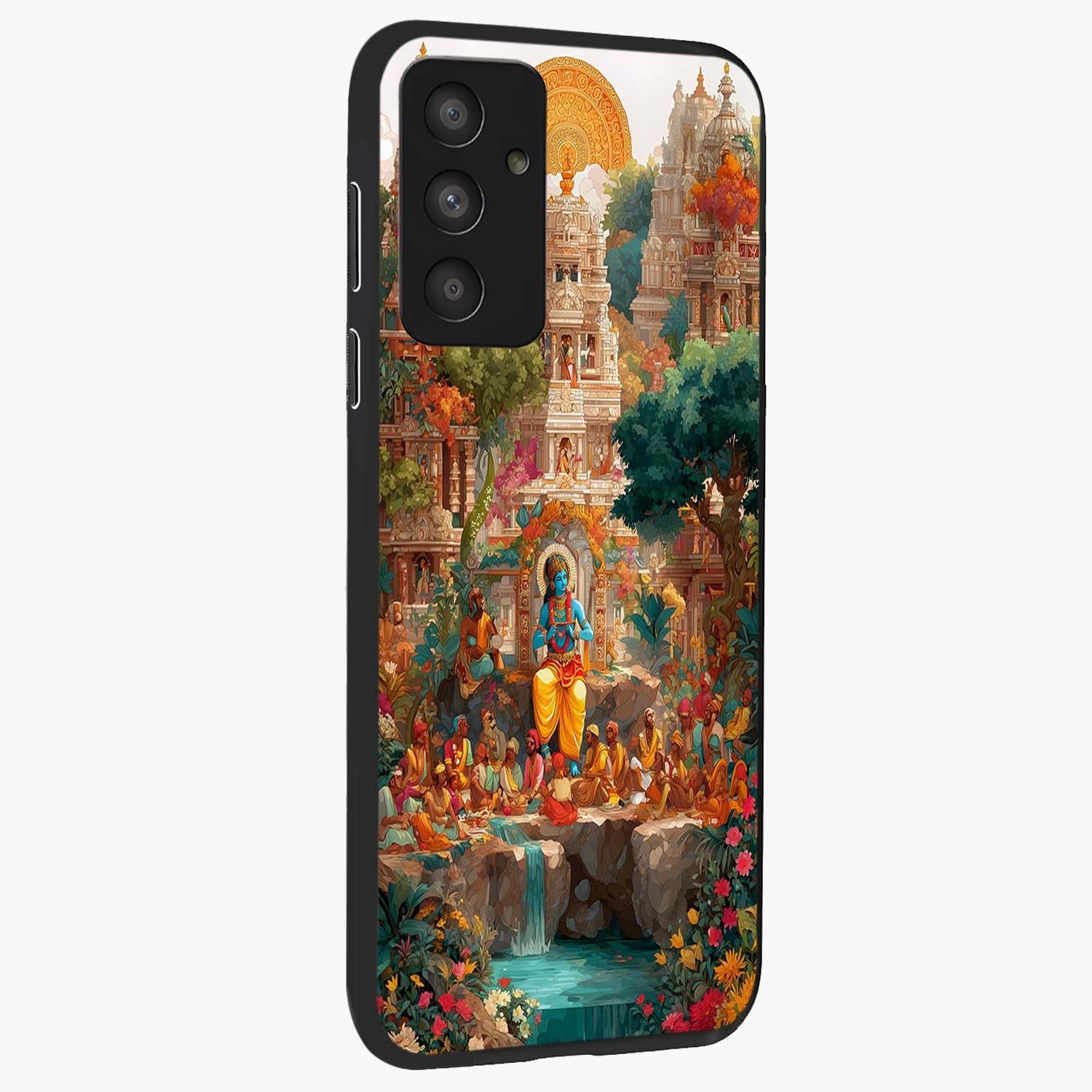 Sacred Sunlight Gods Glass Case upright view showcasing glowing divine artwork with sacred mythological theme.