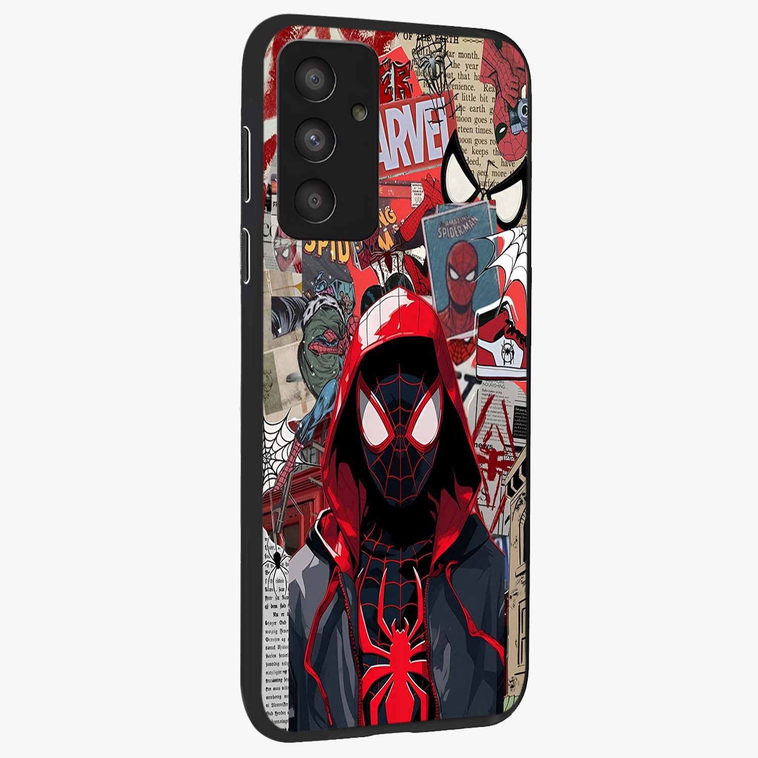 Spider Collage Street Glass Case upright view showcasing bold superhero artwork with urban street theme.