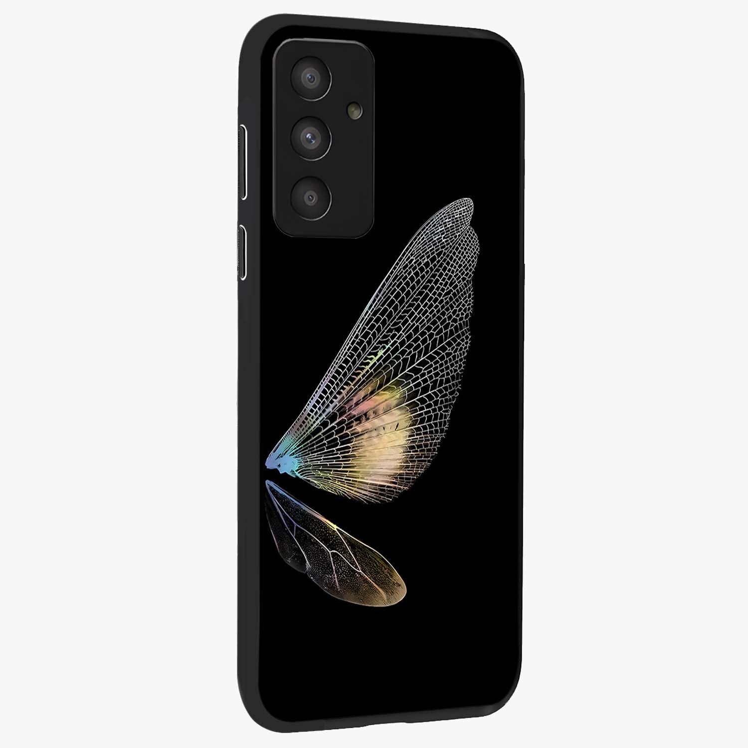 Whispers Of Wings Glass Case upright view showcasing elegant wing artwork with light airy theme.